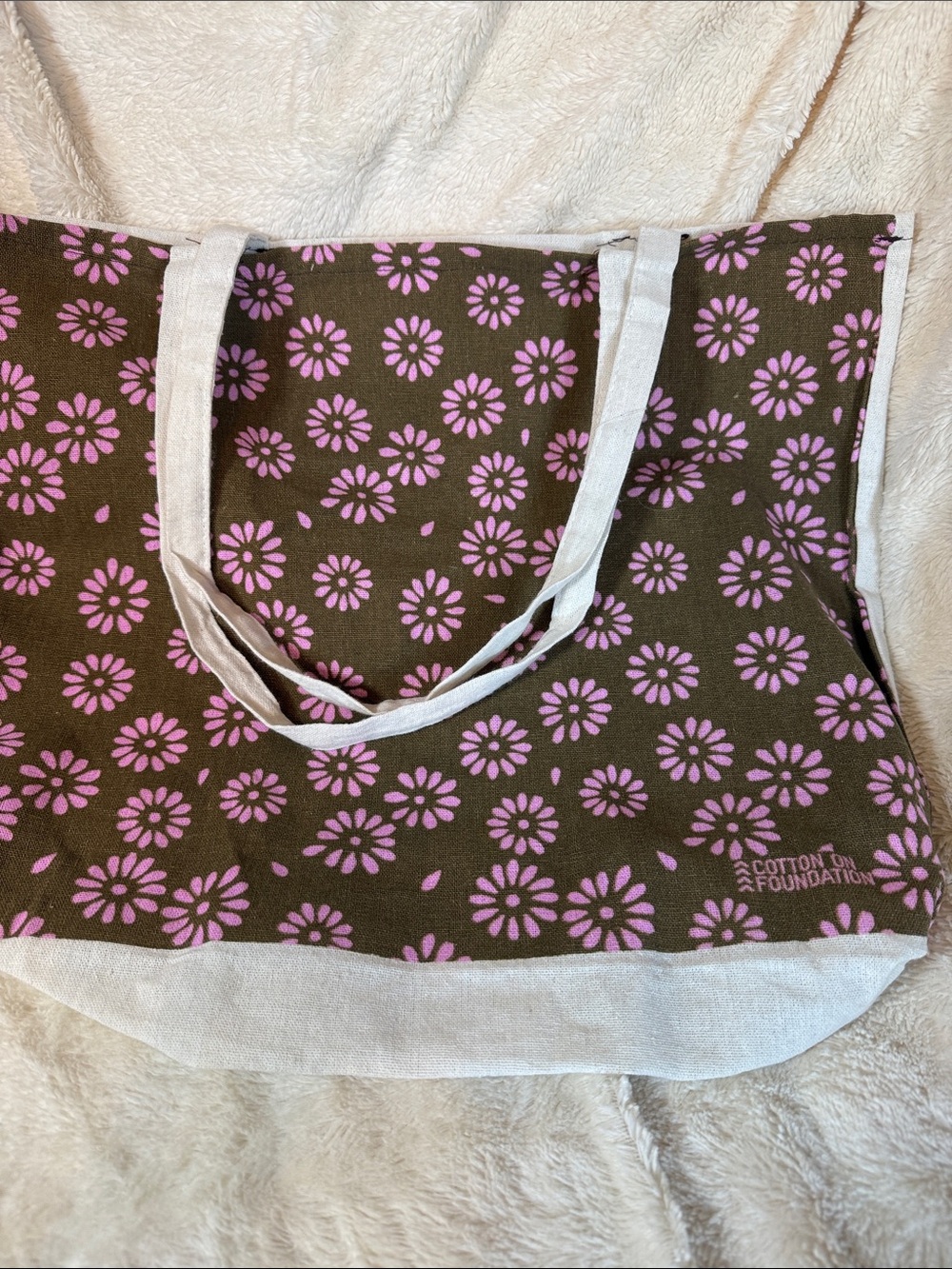 Cotton On Olive Green Tote with Pink Daisy Print